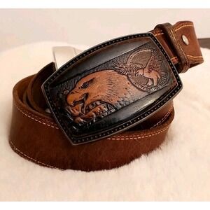 Vintage Leather Overlay Eagle Belt Buckle w/Full Grain Leather Belt 38-40" USA